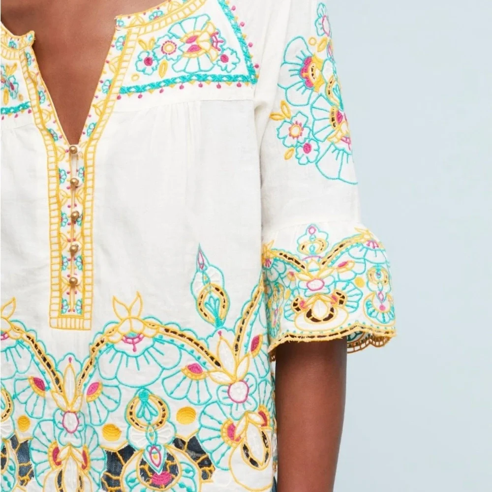 Anthropologie White Embroidered Tunic with Teal & Yellow Accents - Picture 2 of 15